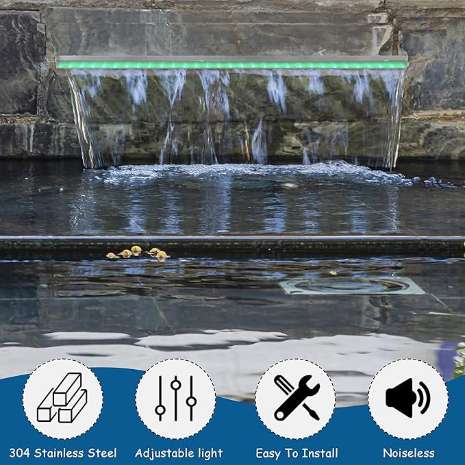 19.6 Inch Pool Waterfall Spillway, Stainless Steel Pond Waterfalls with Multi Color-LED Light Outdoor Pool Fountain, Water Flow Fountains Kit for Garden Patio & Rockery Decoration