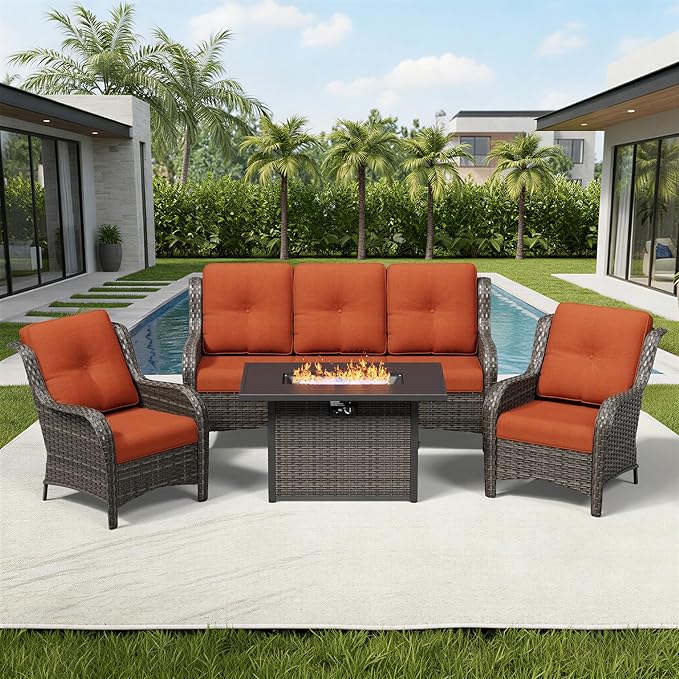 Joyside 4 Piece Wicker Patio Furniture Set with Fire Pit Table, Rattan Patio Chairs with High Back, Deep Seating, Wide Armrest, Thickened Cushions, Outdoor Furniture for Deck, Porch Use