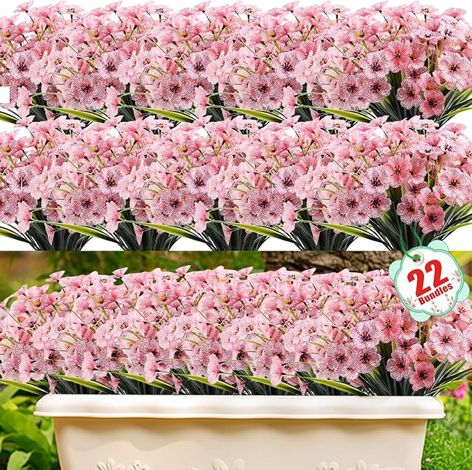 22 Pack Artificial Flowers Outdoor, Faux Flowers UV Resistant with Plastic Plants, Faux Silk Flowers for Outdoors Outside Front Porch Hanging Planter Window Box Garden Decoration(Pink)
