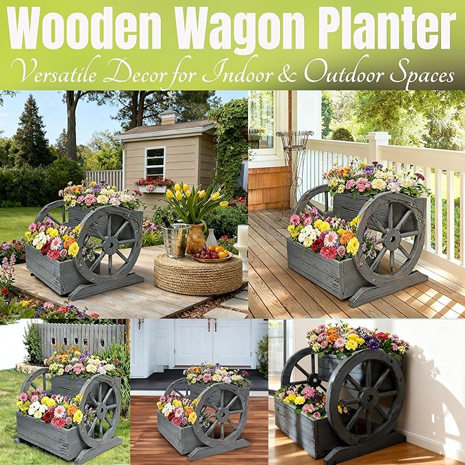 NestNature Wooden Wagon Planter Box,Raised Garden Bed,Decorative Garden Planters with Wheels-Outside Flower Pots for Indoor/Outdoor Décor Plants (Antique Gray)