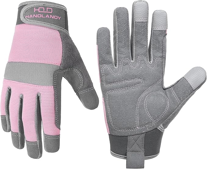HANDLANDY Work Gloves for Women, Breathable Leather Gardening Glove for Yard Maintenance, Hand Protection with Touch Screen for Gardeners, Farmers