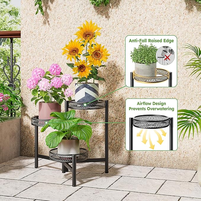 NQW 3 Tier Metal Plant Stand Indoor Outdoor, Corner Tall Plant Shelf for Multiple Plants, Foldable Heavy Duty Plant Holder, Decoration Flower Pot Stand for Patio Living Room Balcony Garden - BlackFlower