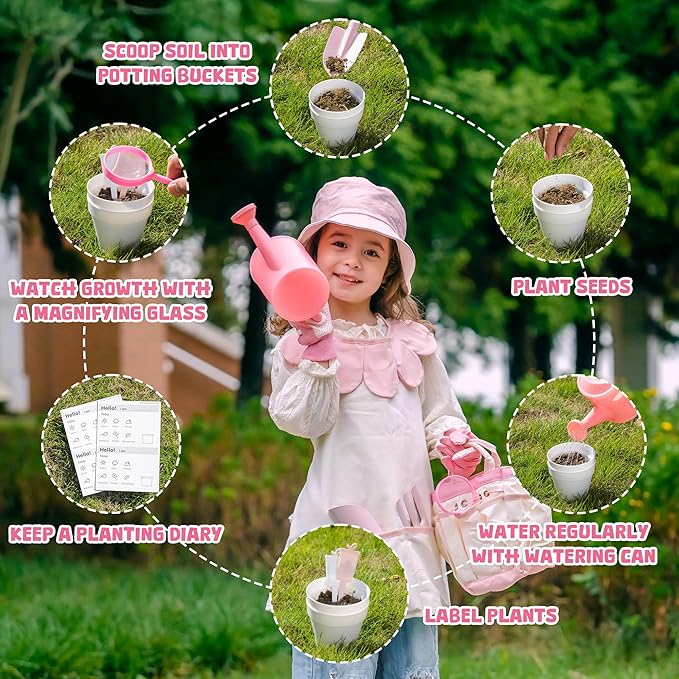 ROBOTIME Kids Gardening Set, 17PCS Kids Gardening Tools for Girls, Toddler Gardening Set with Hat, Apron, Gloves, Watering Can & Tool Bag – Outdoor Garden Toy Kit (Pink)