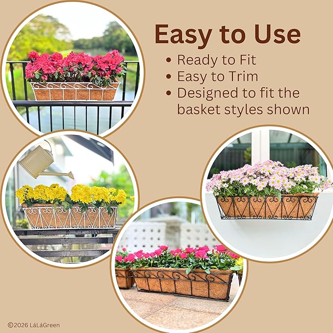 LaLaGreen 24" (4 Pack, Rectangular) Coco Liners for Planter – Large Coir Husk Replacement for Window Box, Wall Mount Pot, Trough Basket, Garden Outdoor Use – Multi Sizes 16/30 Inch & Different Shapes