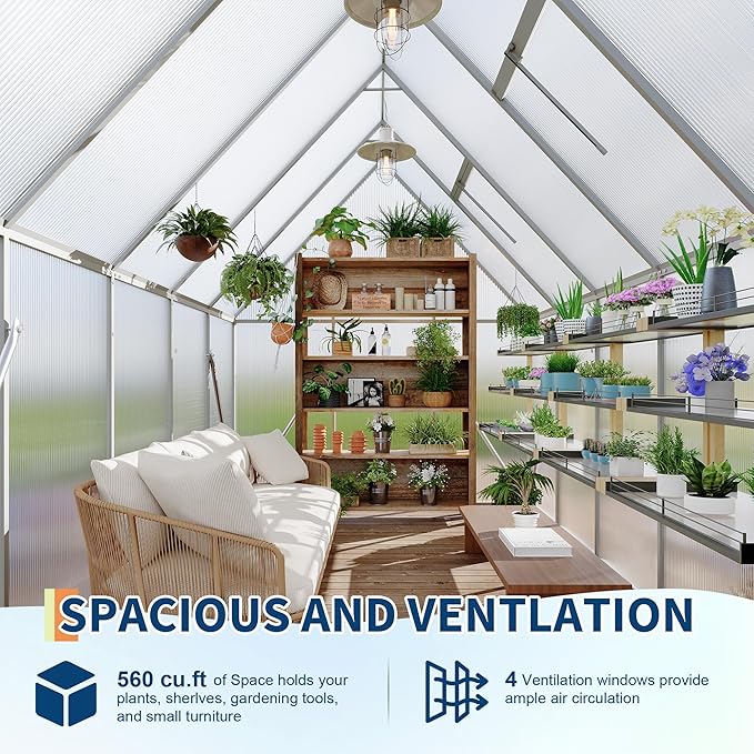 6X9 ft Polycarbonate Greenhouse with Aluminum Frame, Polycarbonate Greenhouse for Outdoors, Greenhouses with Ventilation, Aluminum Large Walk-in Greenhouses for Outside