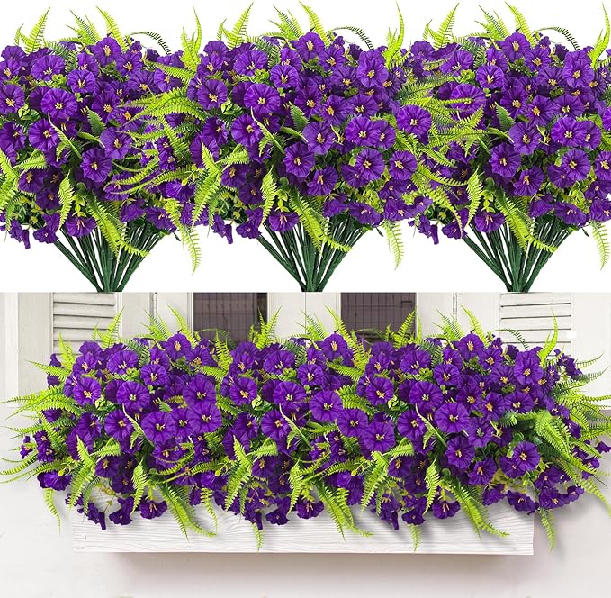 HIAGROW Artificial Flowers Outdoors 12 Bundles Artificial Petunias Fake Flowers UV Resistant Shrubs Plants with Fern for Indoor Outside Hanging Planters Home Garden Summer Decorations (Purple)