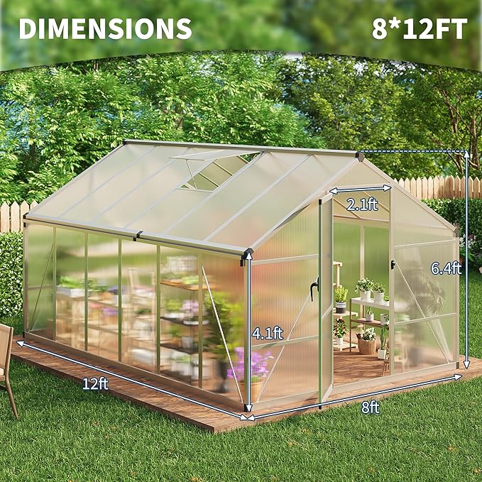 8x12 ft Greenhouse for Outdoors, Polycarbonate Greenhouse with Roof Vent, Ground Nails, Lockable Push Door, Aluminum Large Walk-in Green House for Outside Garden Backyard, Patio, Lawn, Silver