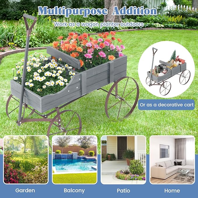 Giantex Decorative Garden Planter, Small Wagon Cart with Metal Wheels, Wood Raised Beds Plant Pot Stand for Backyard Garden Patio 24.5”Lx13.5”Wx24”H (Gray)
