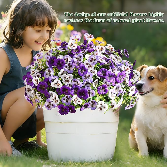 Waipfaru 36 Bundles Artificial Pansy Flowers for Outdoor, UV Resistant Faux Silk Flowers for Outdoor Planters Front Door Porch Yard Patio Window Box Home Decor (White, Purple, Light Purple)