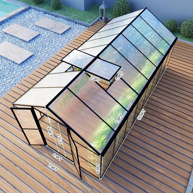 8X16 FT Greenhouse, Walk in Greenhouse with Roof Vent and Rain Gutter, Quick Setup Aluminum Large Polycarbonate Greenhouses for Outdoor Backyard Garden, Black (189" W x 96" D x 77" H)
