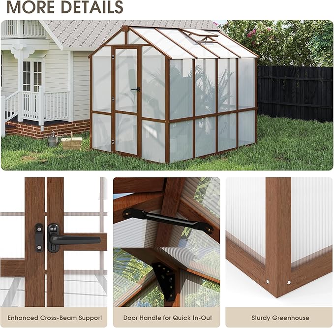 Large Walk in Greenhouse for Outdoors, 6x8 FT Length Heavy Duty Polycarbonate Panel Wooden Frame with Roof Vent & Lockable Outward-Opening Swing Door, All Season Garden Greenhouse for Backyard Patio