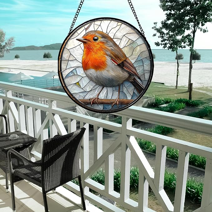 AMDERVEN Stained Glass Window Hanging - Orange Grey Robin Sun Catcher for Door Garden Home Decor Bird Lovers Suncatcher Christmas Mother's Day Birthday Gifts for Women Men Mom Nana 6.3 in