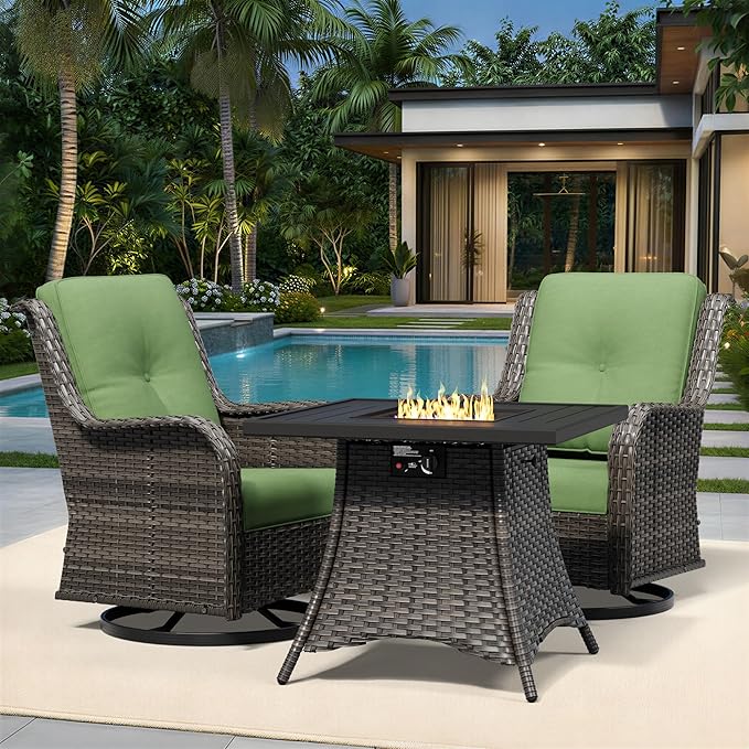 Joyside 3 Piece Wicker Patio Furniture Set with Fire Pit Table, Outdoor Swivel Rocker Patio Chairs with High Back, Deep Seating, Wide Armrest, Thickened Cushions, Outdoor Furniture for Deck, Porch Use