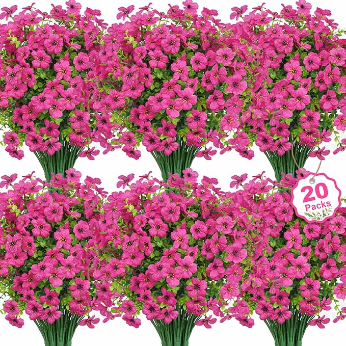 Besteek 20 Bundles Artificial Flowers for Outdoors Decoration Fake Silk Flowers UV Resistant Faux Plants Artificial Daisy Eucalyptus for Spring Summer Garden Yard Porch Window Home Decor, Fuchsia