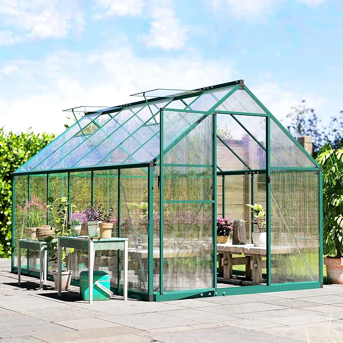 Outsunny 11x6 ft Polycarbonate Greenhouse with Swing Door and Two Adjustable Roof Vents, Aluminum Walk-in Greenhouse Outdoor Greenhouse for Patio Garden Backyard, Dark Green