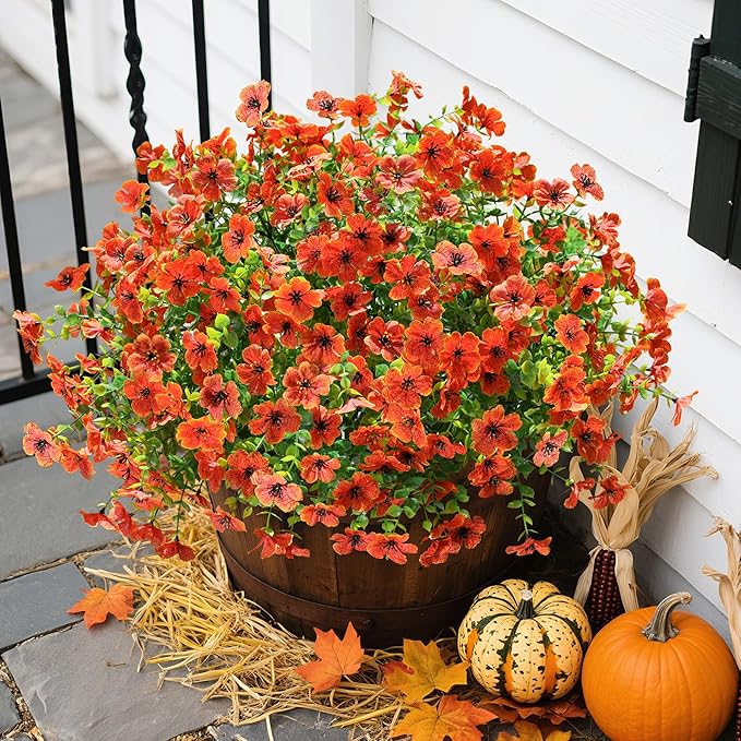 florisso Artificial Fake Fall Mums Flowers Plants for Outdoor Outside Decoration, 12 Bundles Faux Silk Orange Daisy UV Resistant Look Real for Autumn Front Door Porch Planter Patio Garden Home