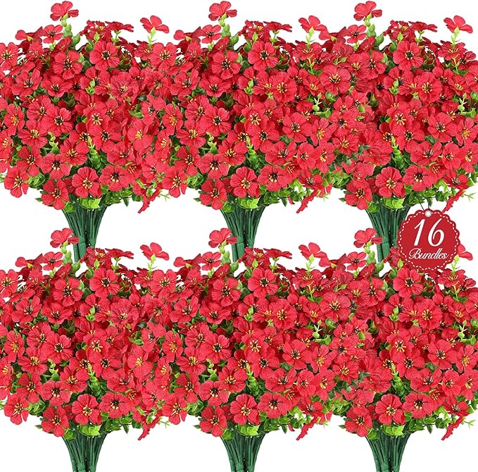 16PCS Artificial Flowers for Outdoors, Realistic Fake Silk Flowers for Outside, No Fade Faux Eucalyptus Plants for Outdoor Planter, Window Box, Hanging Basket - Porch Patio Garden Decor