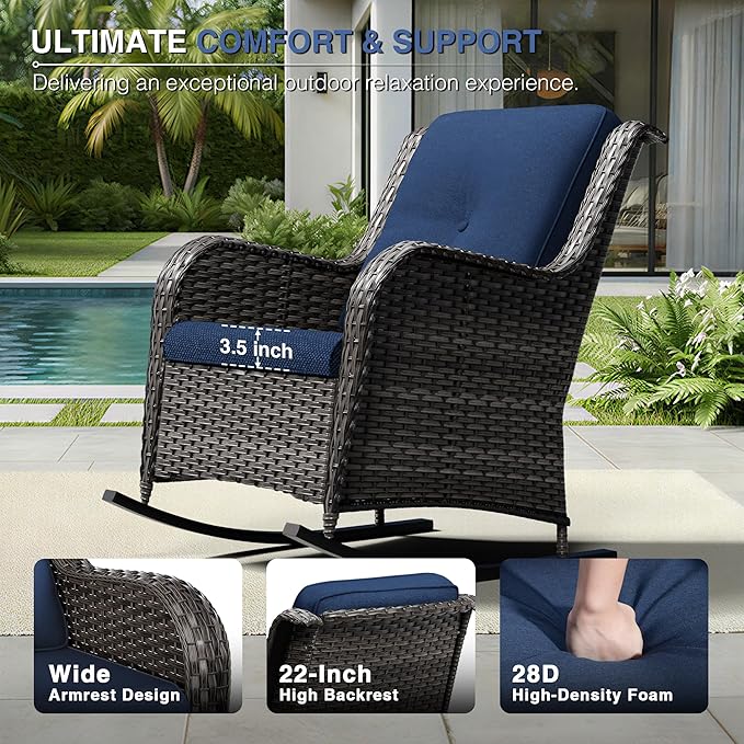 Joyside Outdoor Rocking Chairs Set of 2, Wicker Patio Furniture with High Back, Deep Seating, Wide Armrest, Thickened Cushions, Outdoor Rattan Furniture for Deck, Porch Use