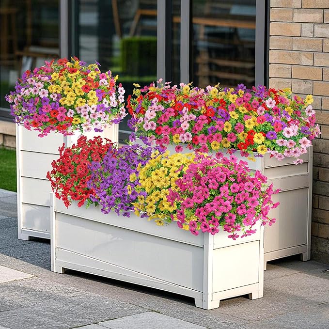 Besteek 20 Bundles Artificial Flowers for Outdoors Decoration Fake Silk Flowers UV Resistant Faux Plants Artificial Daisy Eucalyptus for Spring Summer Garden Yard Porch Window Home Decor, Mix Colors
