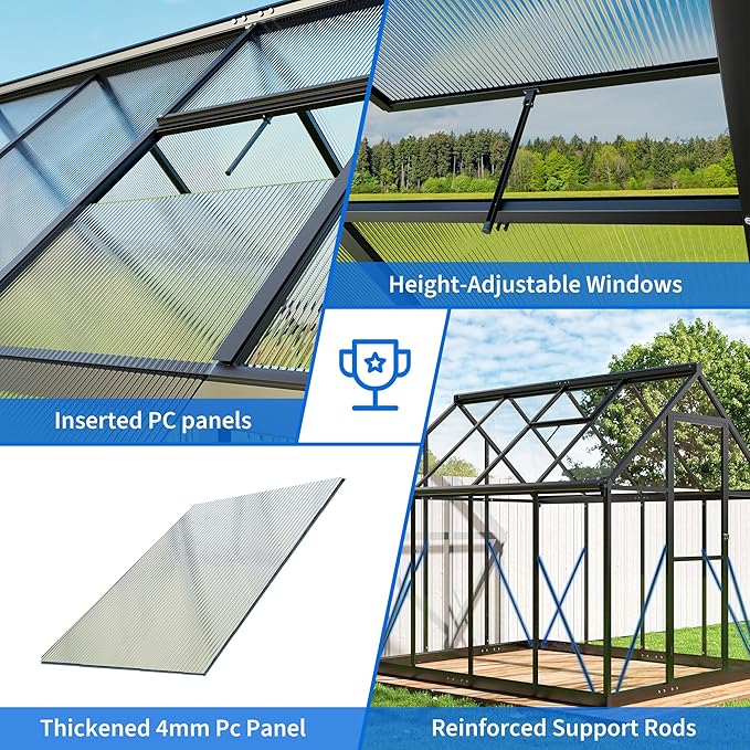 WKM 5.8x7.3 FT Greenhouse for Outdoors, Quick-fit Structure Polycarbonate Greenhouse with Window for Ventilation, Walk-in Aluminum Green House for Outside Garden Backyard, Black