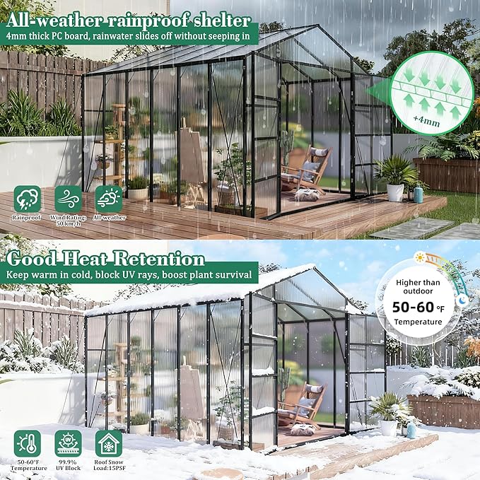 KEIKI 10x12 FT Polycarbonate Greenhouse for Outdoors, Heavy-Duty Aluminum Walk-in Greenhouse with Raised Base, Roof Vent & Drainage System, All-Season Garden Greenhouse, Black