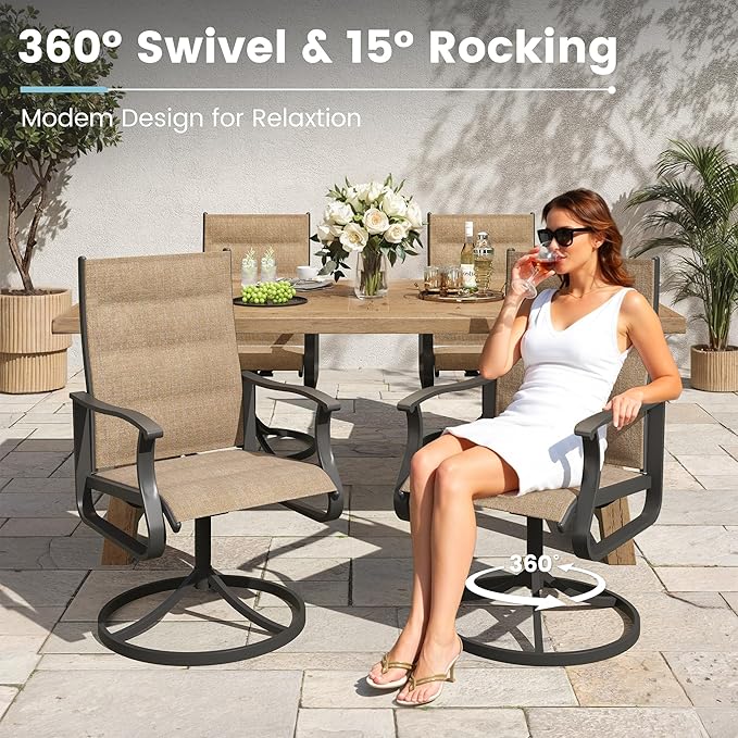 Patio Swivel Chairs Set of 2, Outdoor Dining Chairs with High Back, 360° Swivel Rocker Chair in All-Weather Padded Textilene & Metal Frame for Garden, Porch, Backyard, Balcony(Padded Brown)