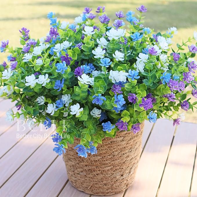 BCBLF Artificial Flowers for Outdoors, Outdoor Faux Plants, 12 Bundles UV Resistant Realistic, Faux Flowers for Outdoor Planters, Spring Summer Home Garden Decoration, White