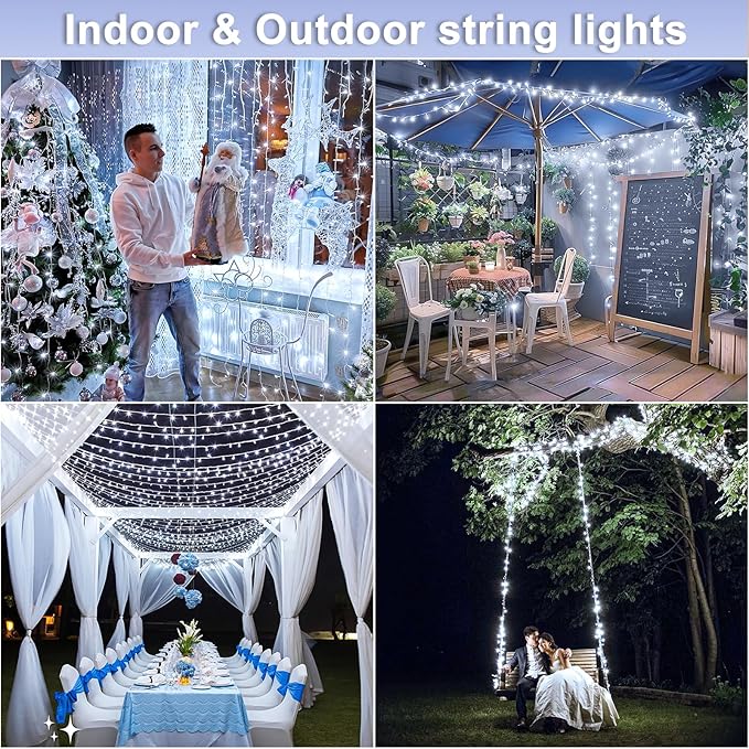 400 LED White Christmas Lights Outdoor 132ft White Christmas String Lights Clear Wire 8 Modes Plug in Twinkle Fairy Lights for Bedroom Wedding Christmas Tree Decorations