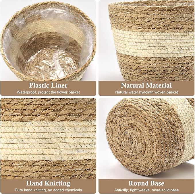 Athaliah Plant Basket Set of 3, Woven Plant Baskets Indoor with Plastic Liner, Water Hyacinth & Corn Husk Planter Baskets, Floor Plant Baskets for Pots, Rustic Farmhouse Home Decor