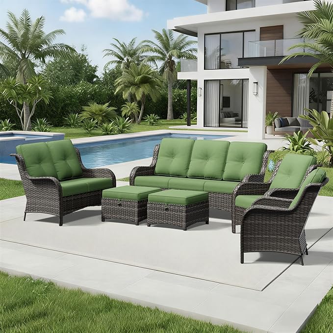 Joyside 6 Piece Wicker Patio Furniture Set, Rattan Patio Chairs with High Back, Deep Seating, Wide Armrest, Thickened Cushions, Outdoor Furniture for Deck, Porch Use