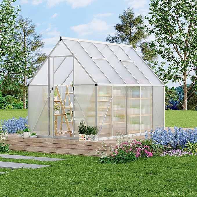 6X9 ft Polycarbonate Greenhouse with Aluminum Frame, Polycarbonate Greenhouse for Outdoors, Greenhouses with Ventilation, Aluminum Large Walk-in Greenhouses for Outside