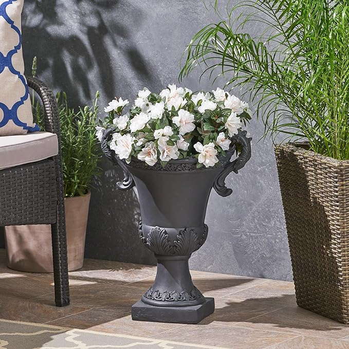 Christopher Knight Home Jorine Patio Planter, Light Concrete Planter, Mid-Centry Gadern Urn, Floral Relif Design Plant Pot, Large Garden Pot, Flower Urn with Drainage Hole for Backyard Home, Black