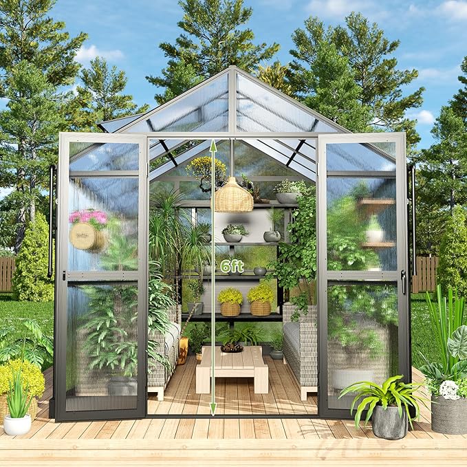 HOWE 8x10x7.5 FT Polycarbonate Greenhouse Double Swing Doors 2 Vents 5.2FT Added Wall Height, Walk-in Large Aluminum Sunroom Winter Greenhouse for Outdoors, Black