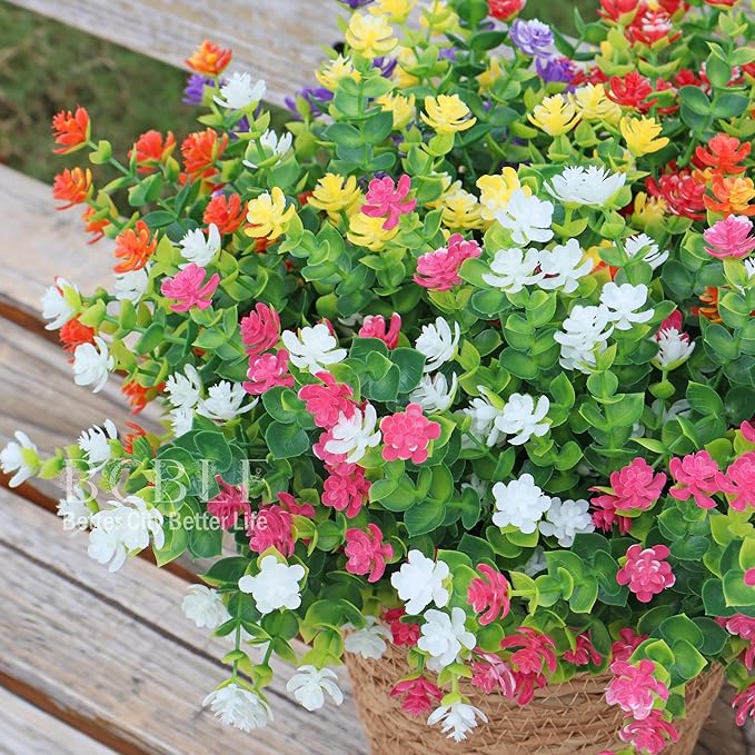BCBLF Not-Fading 6 Color Mixing Artificial Flowers, 12 Bundles Realistic Faux Plants for Indoor & Outdoor Décor Weatherproof PE Fake Plants for Porch Patio Garden and Home Decoration