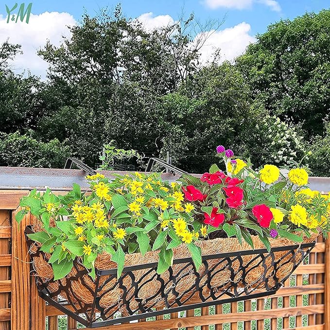Y&M 24in Window Planter Box 4Pcs Iron Railing Planter with Coco Liner for Outdoor Balcony Rail, Fence, Porch, Patio