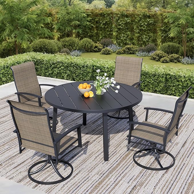 5 Pieces Outdoor Table and Chairs for 4, 42" Black Round Table with 4 Mocha Swivel Chairs, Patio Set with Swivel Chair, Garden Tables for Outdoor, Patio Dining Set for Lawn Backyard Poolside