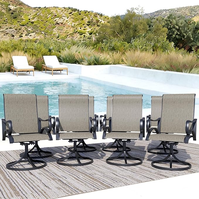 Patio Swivel Chairs Set of 8, All-Weather Metal Outdoor Dining Set with Breathable Mesh Seat, Lightweight Swivel Bistro Chairs for Garden, Deck, Porch, Ash Brown