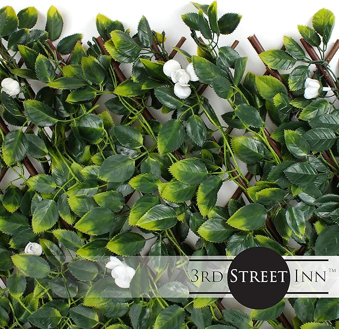 3rd Street Inn™ Leaf Trellis - Bamboo Greenery Panel - Boxwood and Ivy Privacy Fence Substitute - DIY Flexible Fencing (1, White Rose Rattan)
