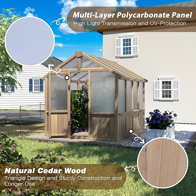 Mupater 6 x 8 FT Wooden Polycarbonate Greenhouse with Ventilated Window and Lockable Door, Walk-in Greenhouse for Backyard, Patio, Lawn, Brown