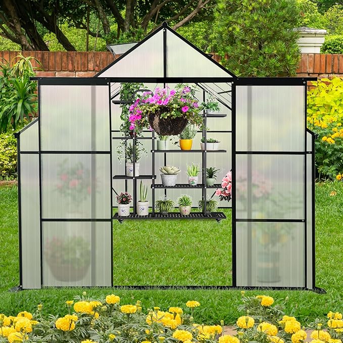 Favfurish 8X10 FT Greenhouses for Outdoors,Double Sliding Door Polycarbonate Greenhouse,Heavy Duty Walk-in Garden Plants Green House, Drainage System & Galvanized Frame for Outside Backyard, Black