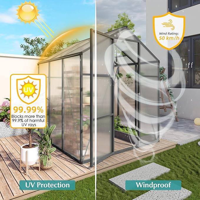 6x6 FT Greenhouse,Outdoor Greenhouse W/ Roof Vent,Walk-in Aluminum Polycarbonate Green House W/ Drainage System & Ground Nails,Green Houses for Outside Garden,Backyard,Patio,Lawn,Black