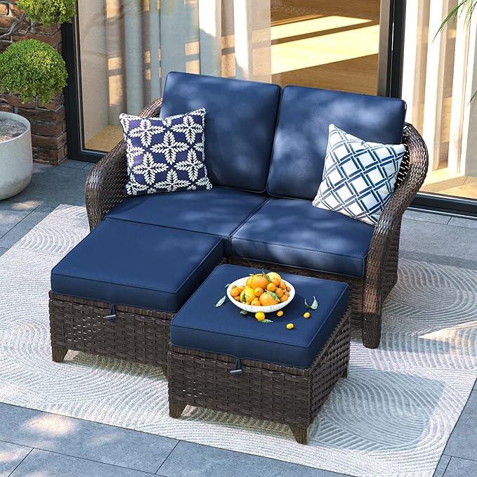 3 Pieces Patio sectional Sofa Set, Outdoor Conversation Furniture Set, 55" Patio Couch with 2 Ottomans, Rattan Wicker Sofa with Removable Cushions for Bistro, Deck (Navy Blue)