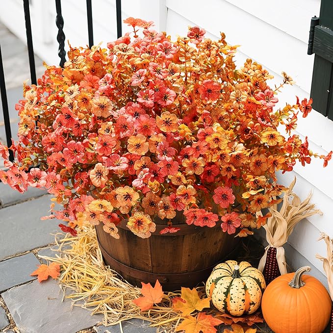 florisso Artificial Fall Flowers Fake Mums for Outdoor Autumn Decoration, 12 Bundles Faux Silk Orange Yellow Mums Daisy Look Real UV Resistant for Outside Home Porch Patio Planter
