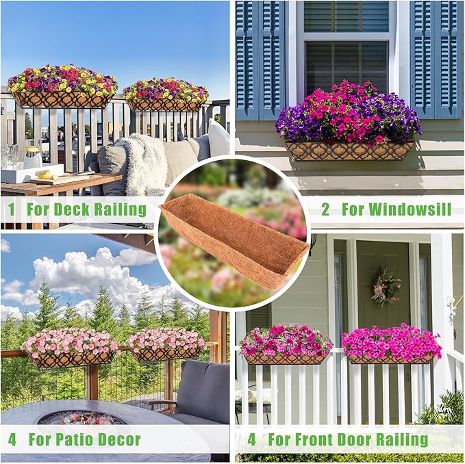 Y&M 6pcs 24 Inch Window Deck with Coco Liner, Fence Metal Hanging Flower Planter Window Basket Deck Railing Planter Boxes for Outdoor Garden Lawn