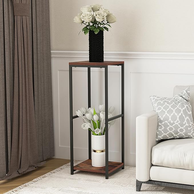 CASIMR Plant Stand for Indoor, Tall Metal Shelf with Square Wooden Board, 2 Tier Display Rack for Multiple Plants, 32 Inch Tiered Flower Pot Holder for Corner Living Room Balcony Garden Patio