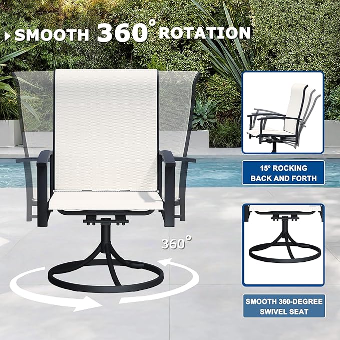 5 Pieces Outdoor Table and Chairs for 4, 42" Black Round Table with 4 Oyster Beige Swivel Chairs, Patio Set with Swivel Chair, Garden Tables for Outdoor, Patio Dining Set for Lawn Backyard Poolside