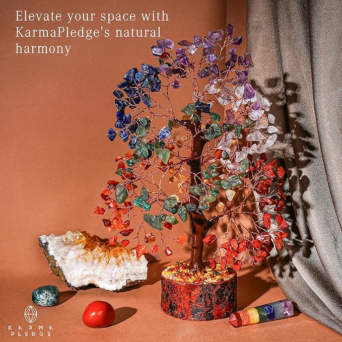 KARMAPLEDGE 7 Chakra Healing Crystal Tree of Life with Manifestation Card, Handmade Copper Wire Crystal Tree for Good Luck, Positive Energy, Wealth, Reiki Healing, and Decor, Gift for Women and Mom