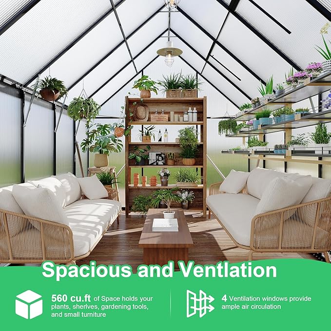 Polycarbonate Greenhouse for Outdoors, Large Walk-InGreenhouse with Quick Setup Structure and Roof Vent, Greenhouse with Ventilation and Rain Gutter