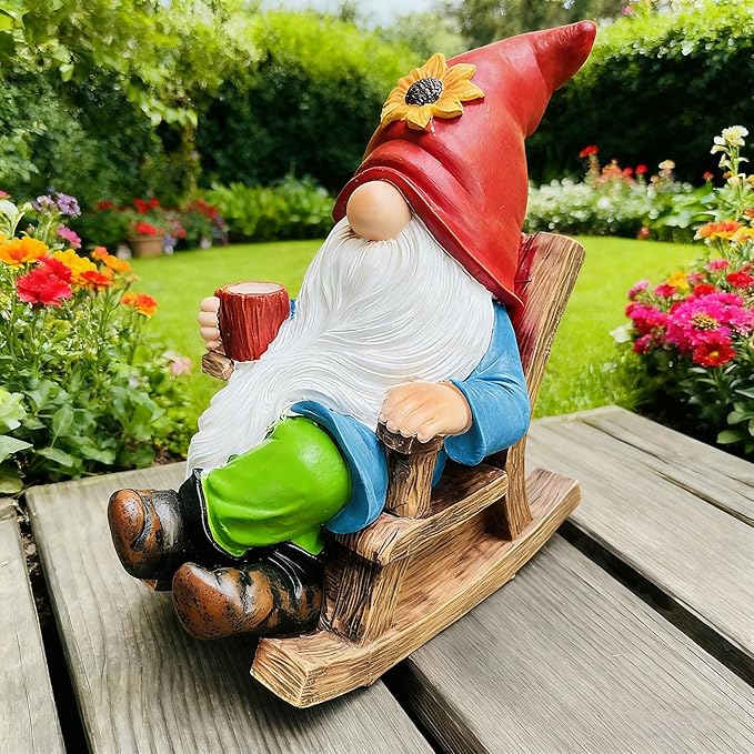 Drinking Coffee Faceless Garden Gnome Statue Decoration - 7.2" Figurine Ornament for Indoor Outdoor Home Patio Yard Lawn - Lucky Gnome Unique Mom Birthday Gifts - Best Garden Gifts for Day