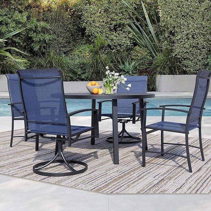 5 Pieces Outdoor Table and Chairs for 4, 42" Black Round Table with 2 Blue Swivel and 2 Big Chairs, Patio Dining Set with Swivel Chair